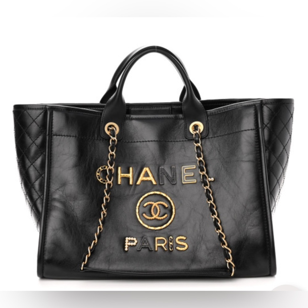Authentic CHANEL Aged Calfskin Medium Studded Deauville Tote in Black